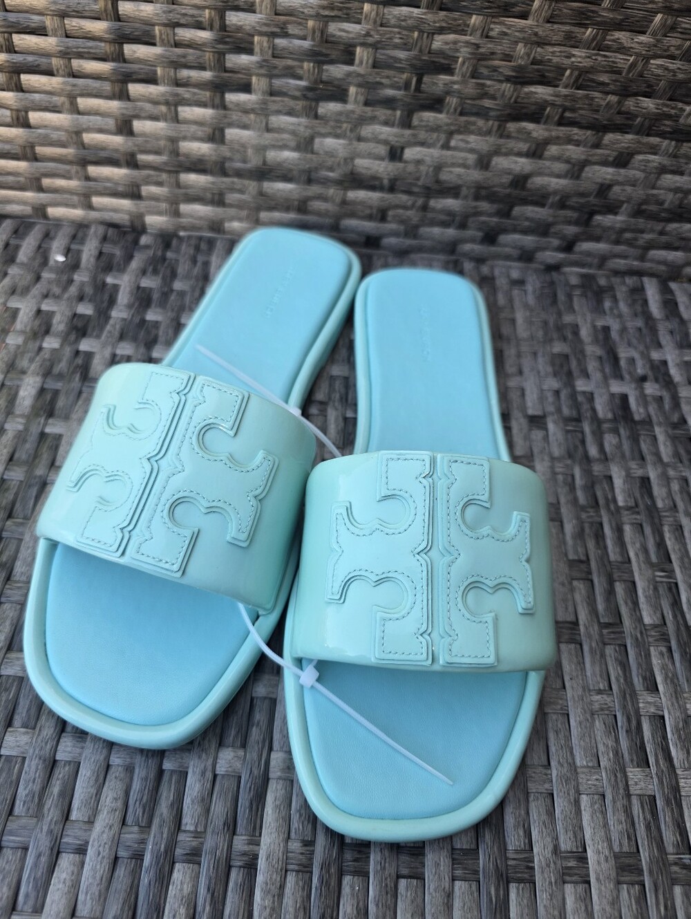 Tory Burch Double T Leather Sport Slide Caribbean Mist Size 10